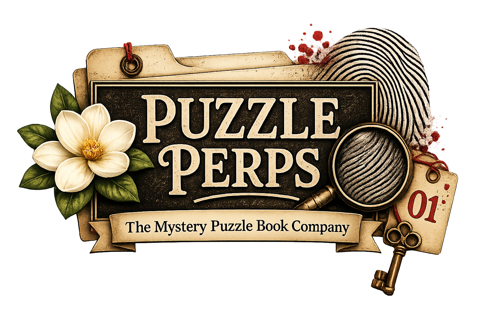 Puzzle Perps logo featuring vintage case files, fingerprints, magnifying glass, magnolia flowers, and detective clues for a mystery puzzle book company.
